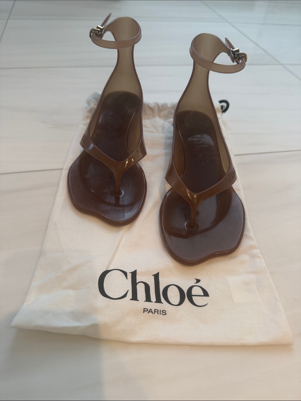 Chloe Jelly Ankle-Strap Thong Sandals: Brown Size 36